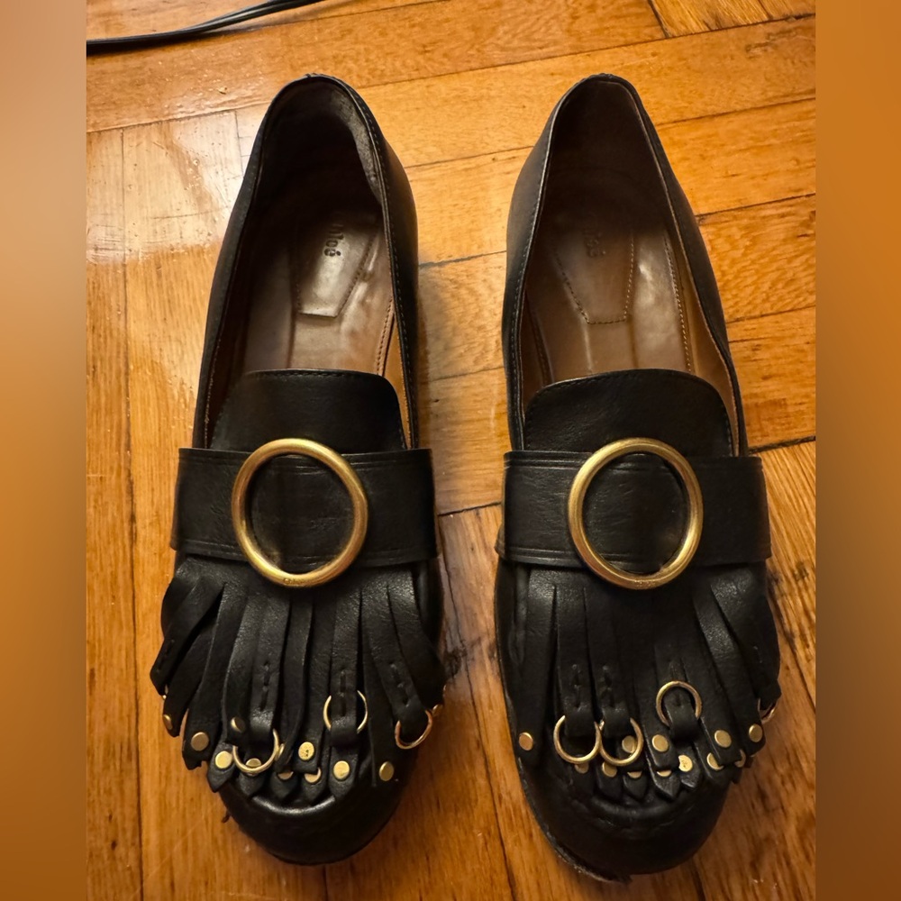 Chloe Black and Gold Leather Loafers